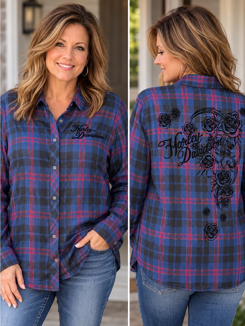 Harley-Davidson Navy, Black and Red Plaid Button-Up Shirt